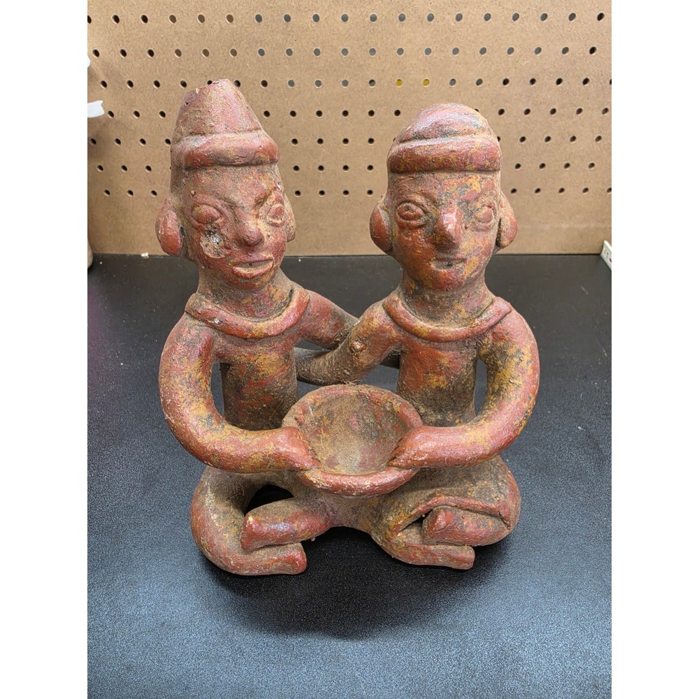 Vintage Terracotta Folk Art Sculpture Two Figures Holding Bowl Red Clay Pottery